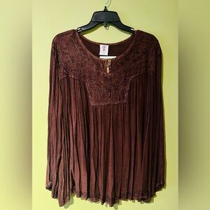 Gypsy Rose Embroidered Details Brown Blouse Loose Fitting